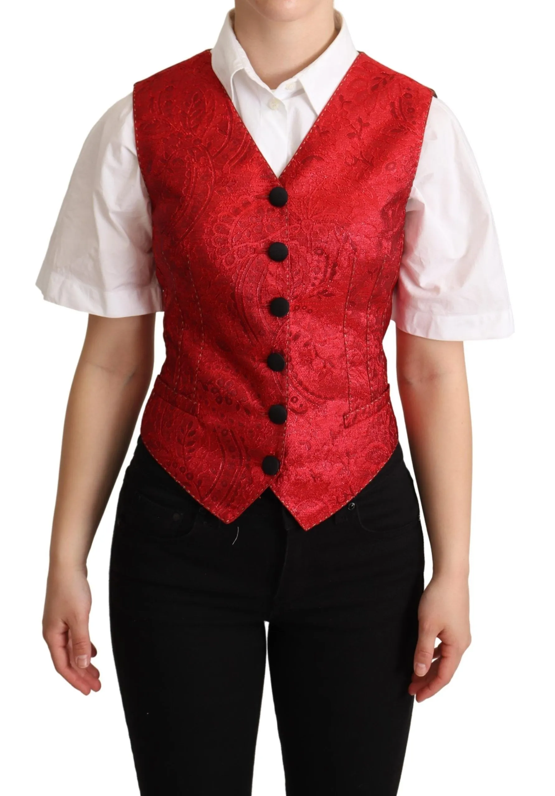 Dolce & Gabbana Women's Red Brocade Leopard Print Waistcoat