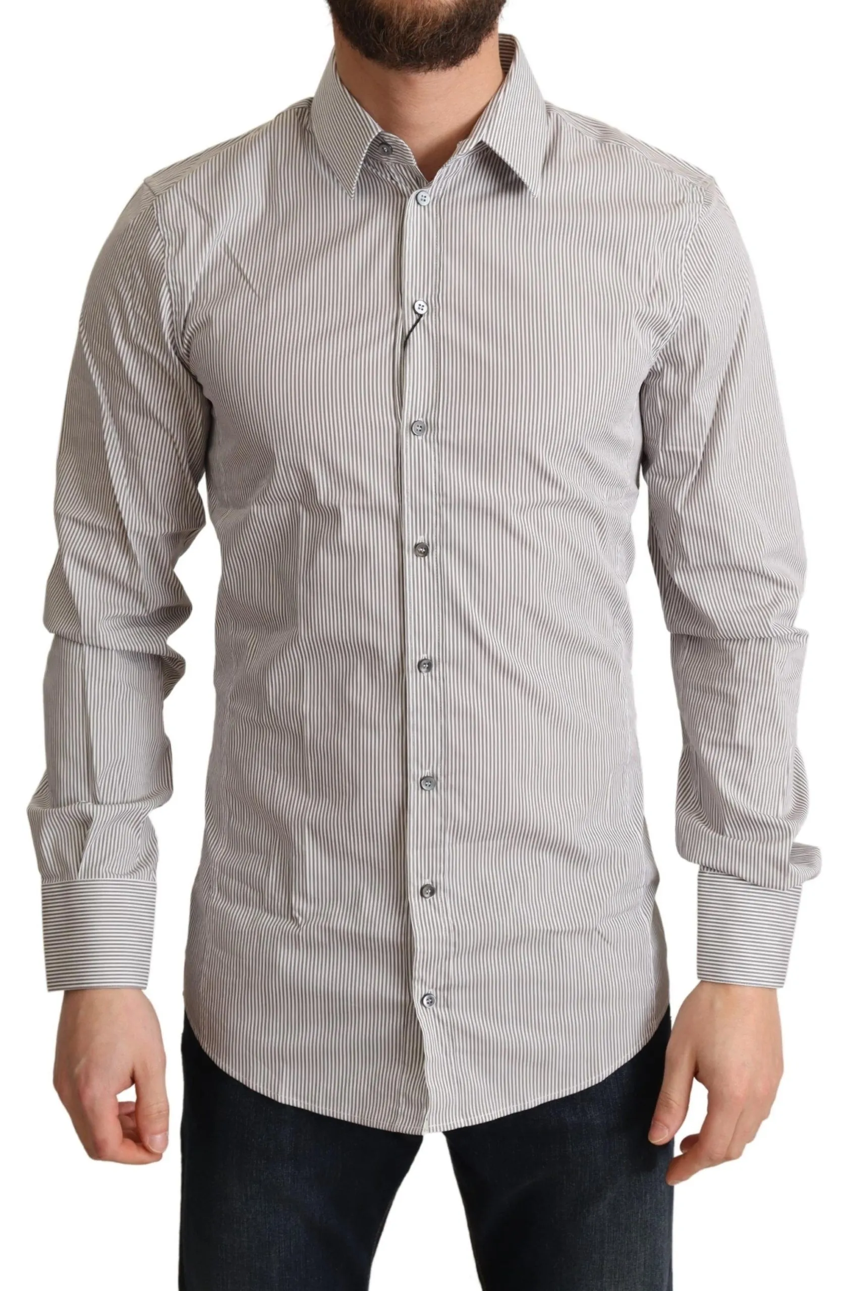 Dolce & Gabbana Men's Elegant Gray Striped Slim Fit Dress Shirt