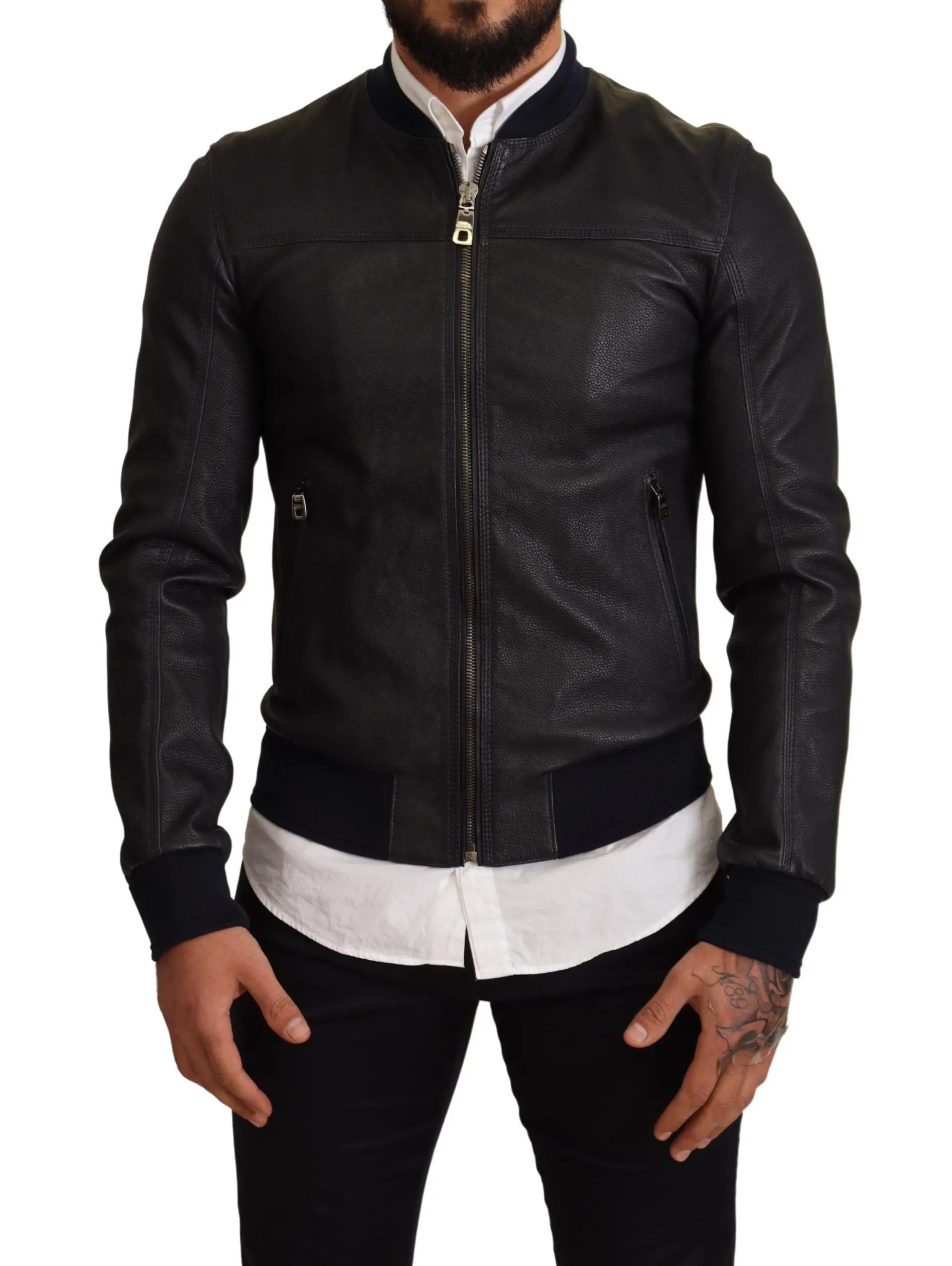 Dolce & Gabbana Men's Elegant Leather Bomber Jacket in Dark Blue