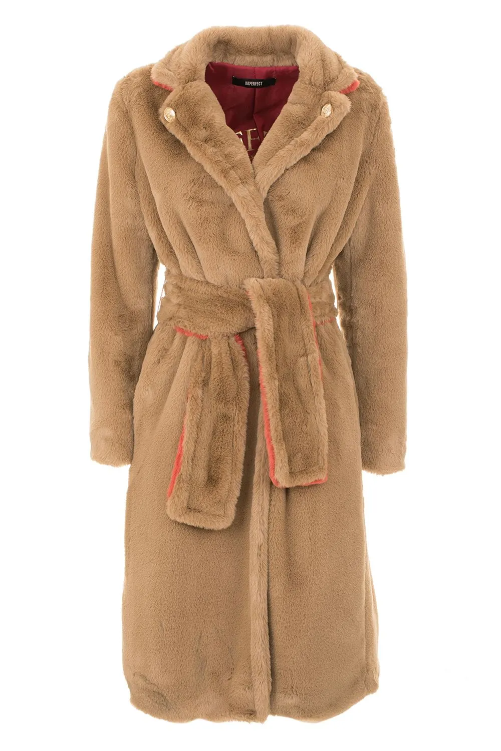 Imperfect Women's Elegant Beige Faux Fur Coat with Belt Closure