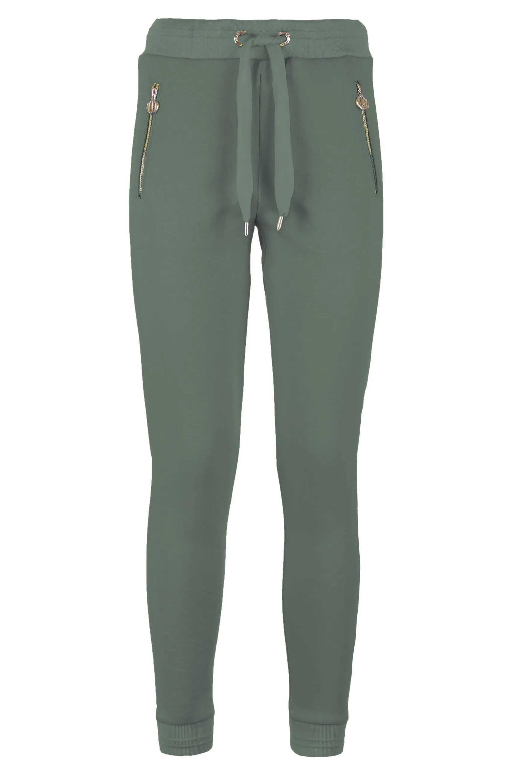 Imperfect Women's Chic Green Stretch Sweatpants with Brass Accent