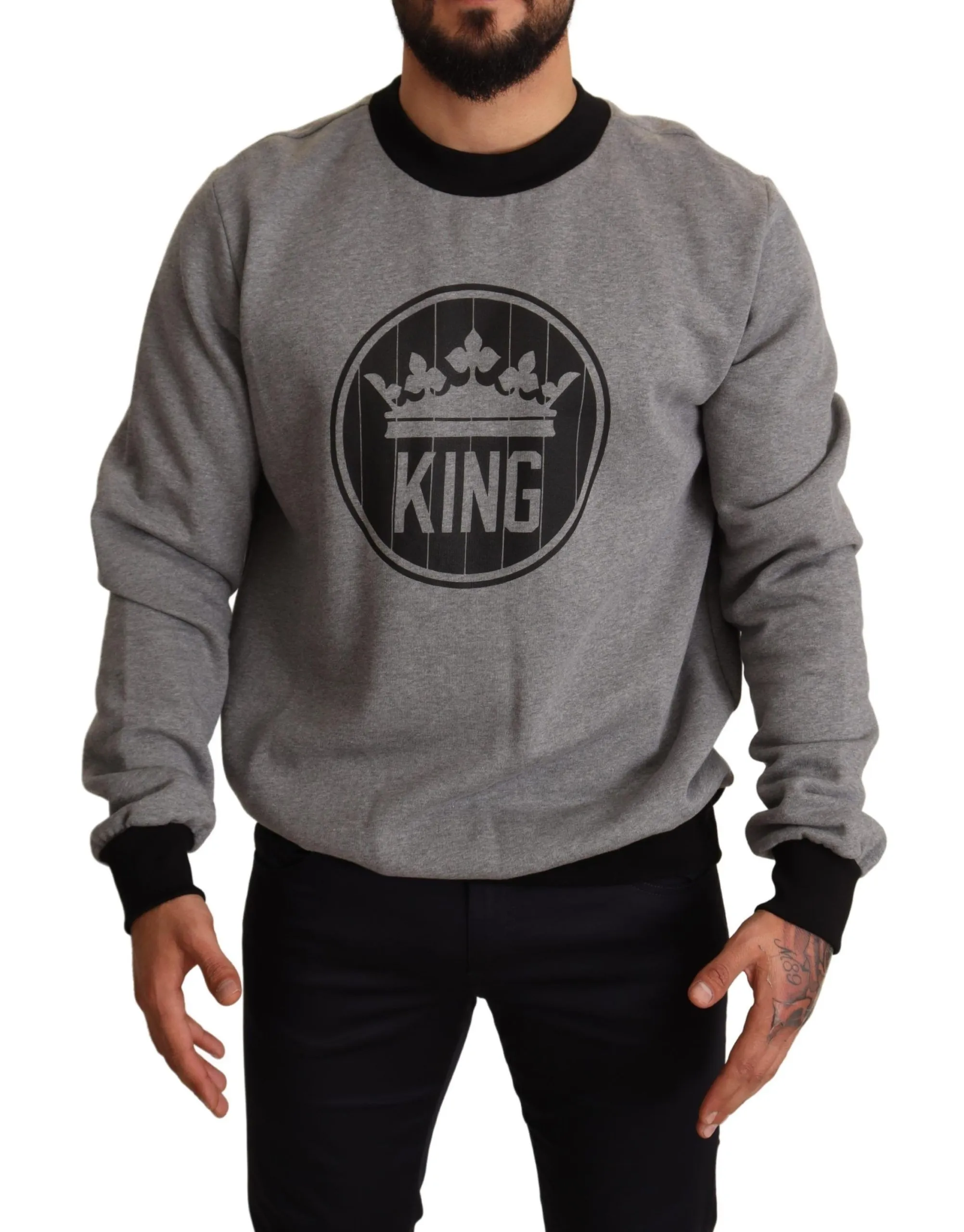 Dolce & Gabbana Men's Regal Crown Printed Gray Cotton Sweater