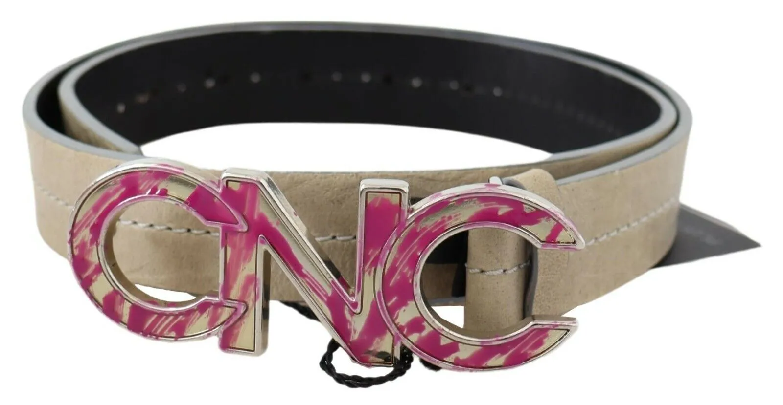 Costume National Women's Beige Leather Fashion Belt with Logo Detail