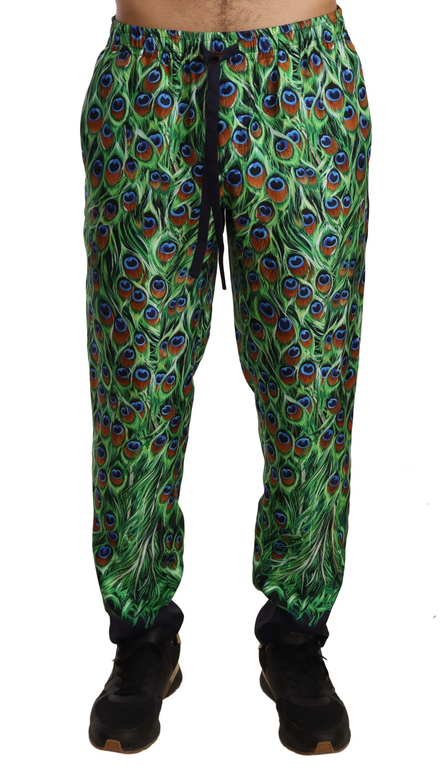 Dolce & Gabbana Men's Elegant Green Silk Lounge Trousers with Peacock Print