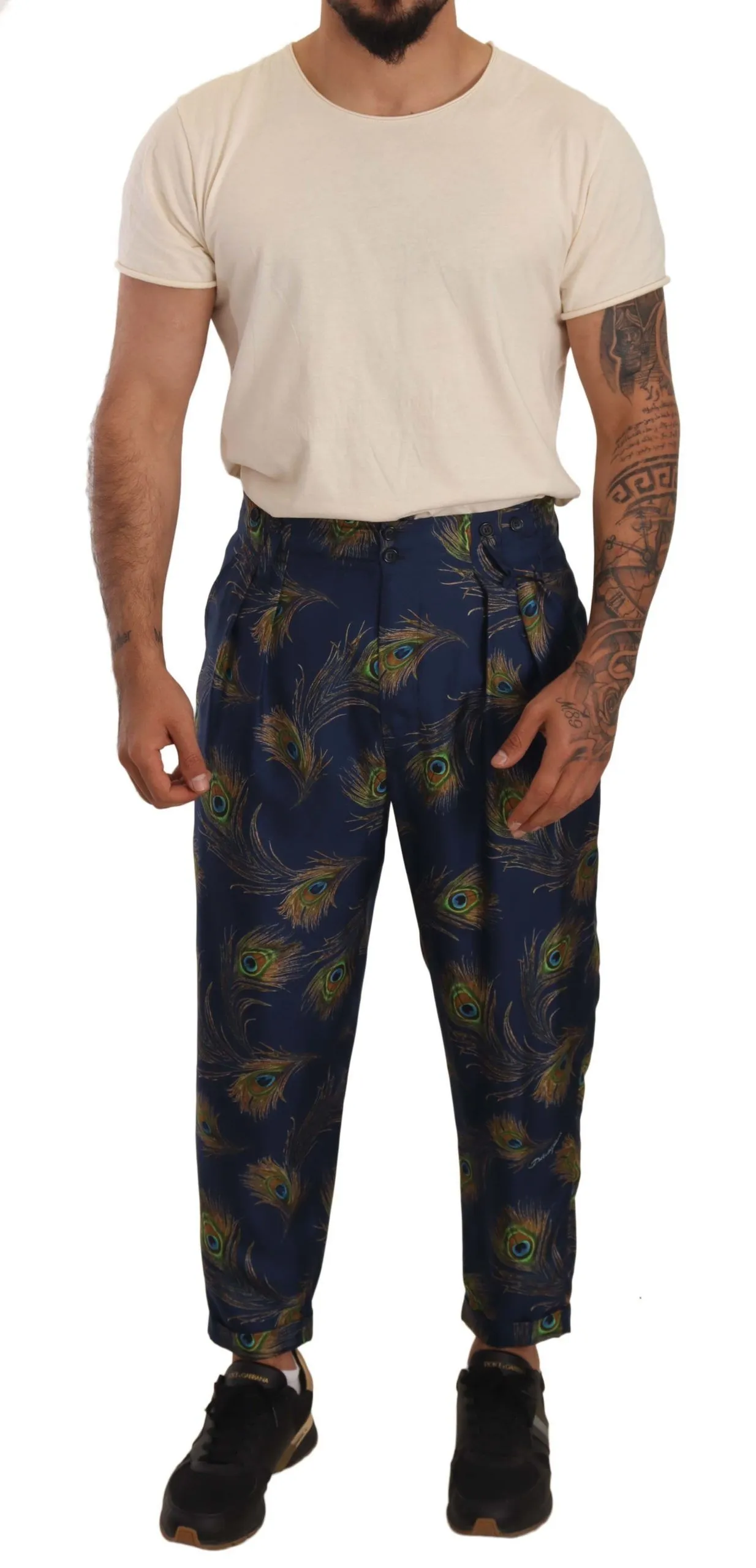 Dolce & Gabbana Men's Exquisite Peacock Print Silk Trousers