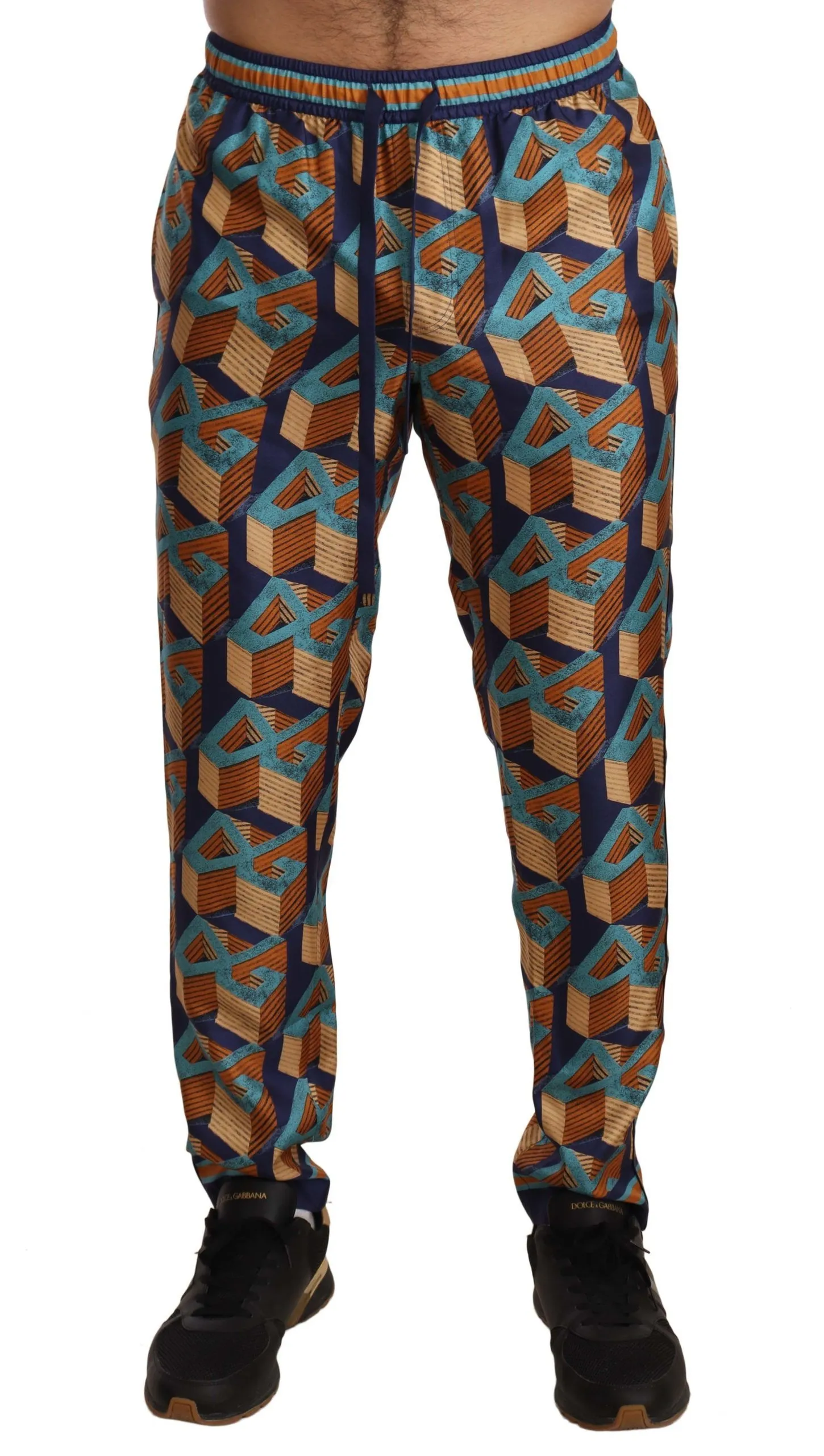 Dolce & Gabbana Men's Elegant Silk Jogger Pants with Vibrant Print