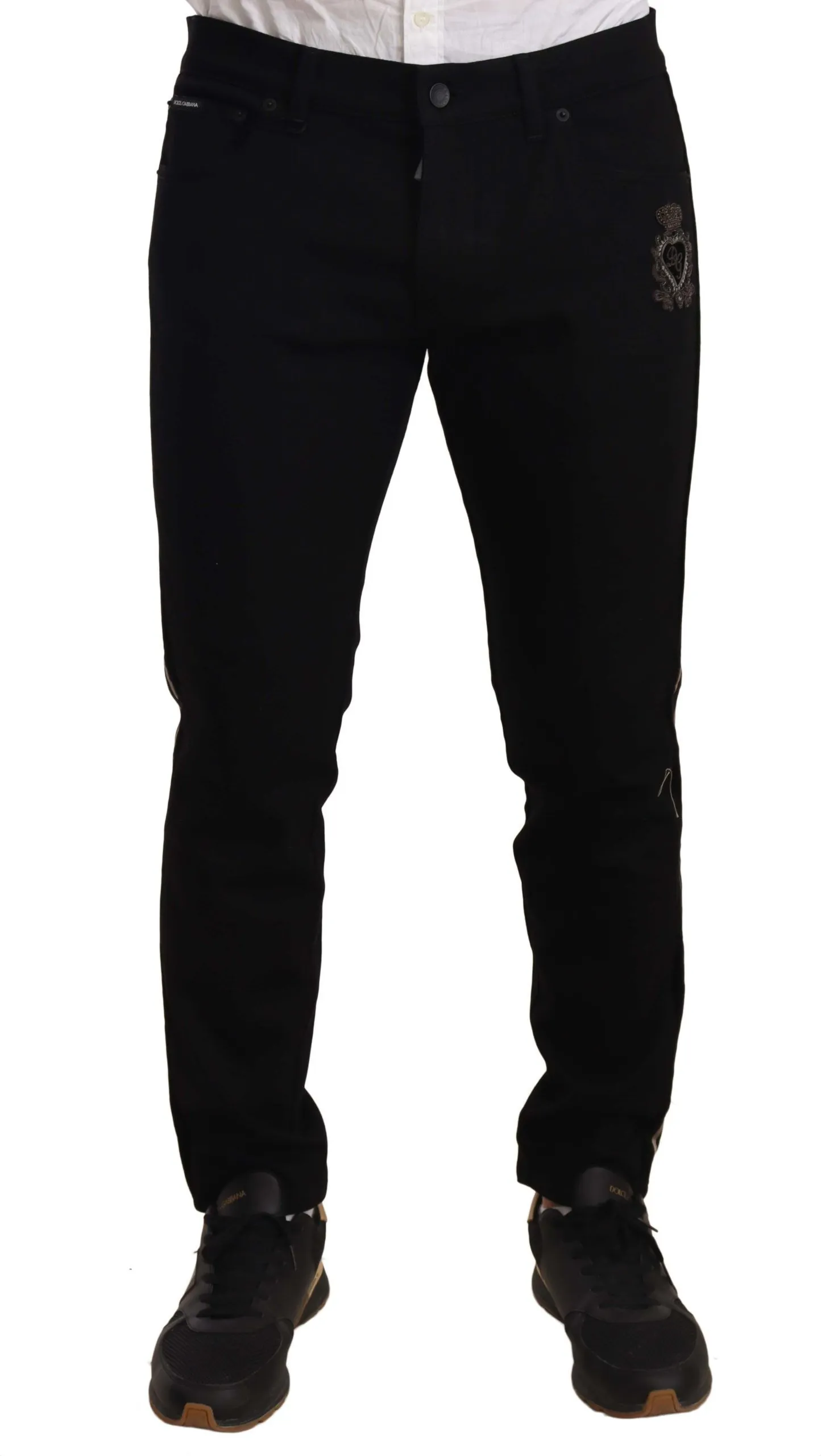 Dolce & Gabbana Men's Heraldic Embroidered Slim Fit Black Jeans