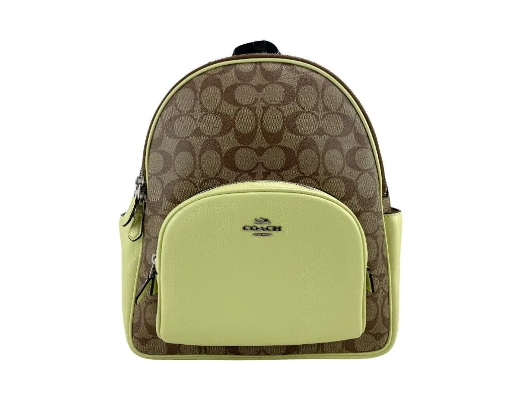 COACH Women's (5671) Court Signature Leather Khaki/Pale Lime Medium Backpack Bookbag Bag