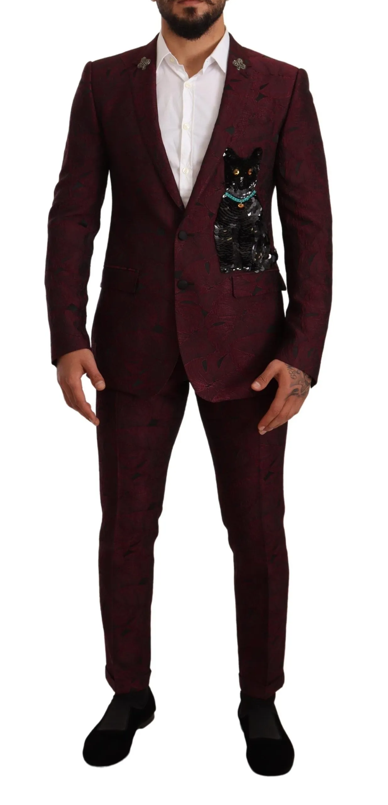 Dolce & Gabbana Men's Elegant Maroon Leaf Pattern Two-Piece Suit