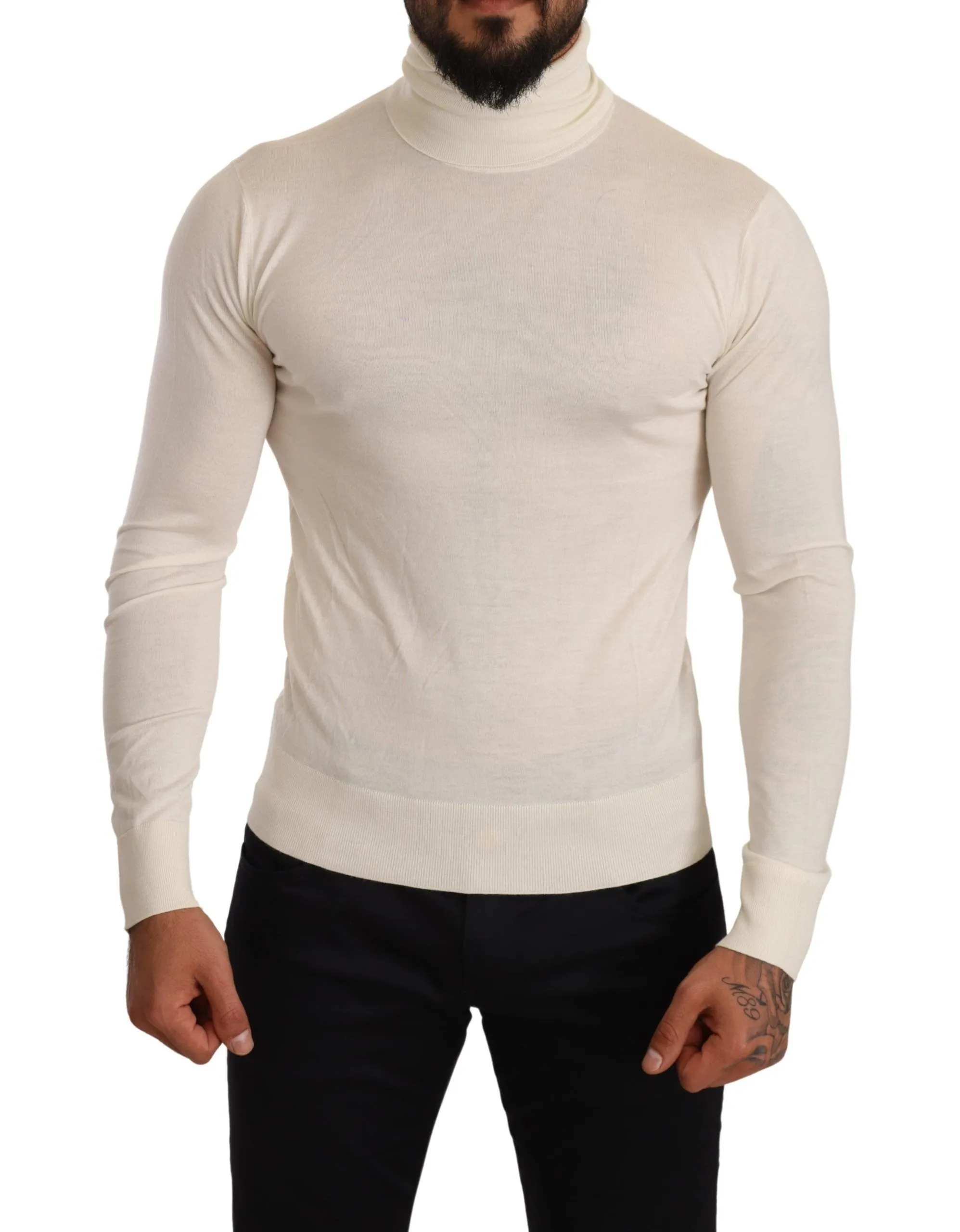 Dolce & Gabbana Men's Ivory Cashmere-Silk Blend Turtleneck Sweater