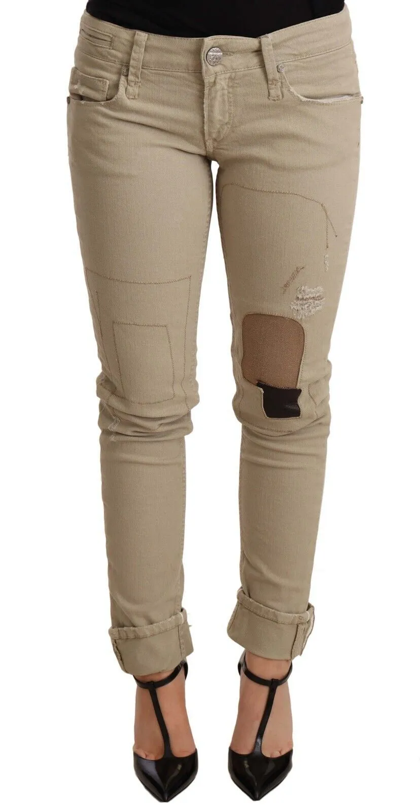 Acht Women's Beige Cotton Slim Fit Chic Jeans