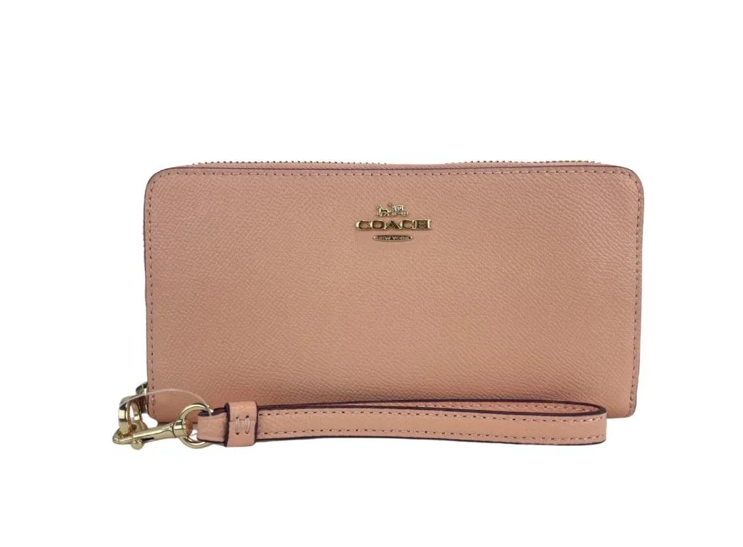 COACH Women's (C3441) Long Faded Blush Crossgrain Leather Zip Around Wristlet Wallet