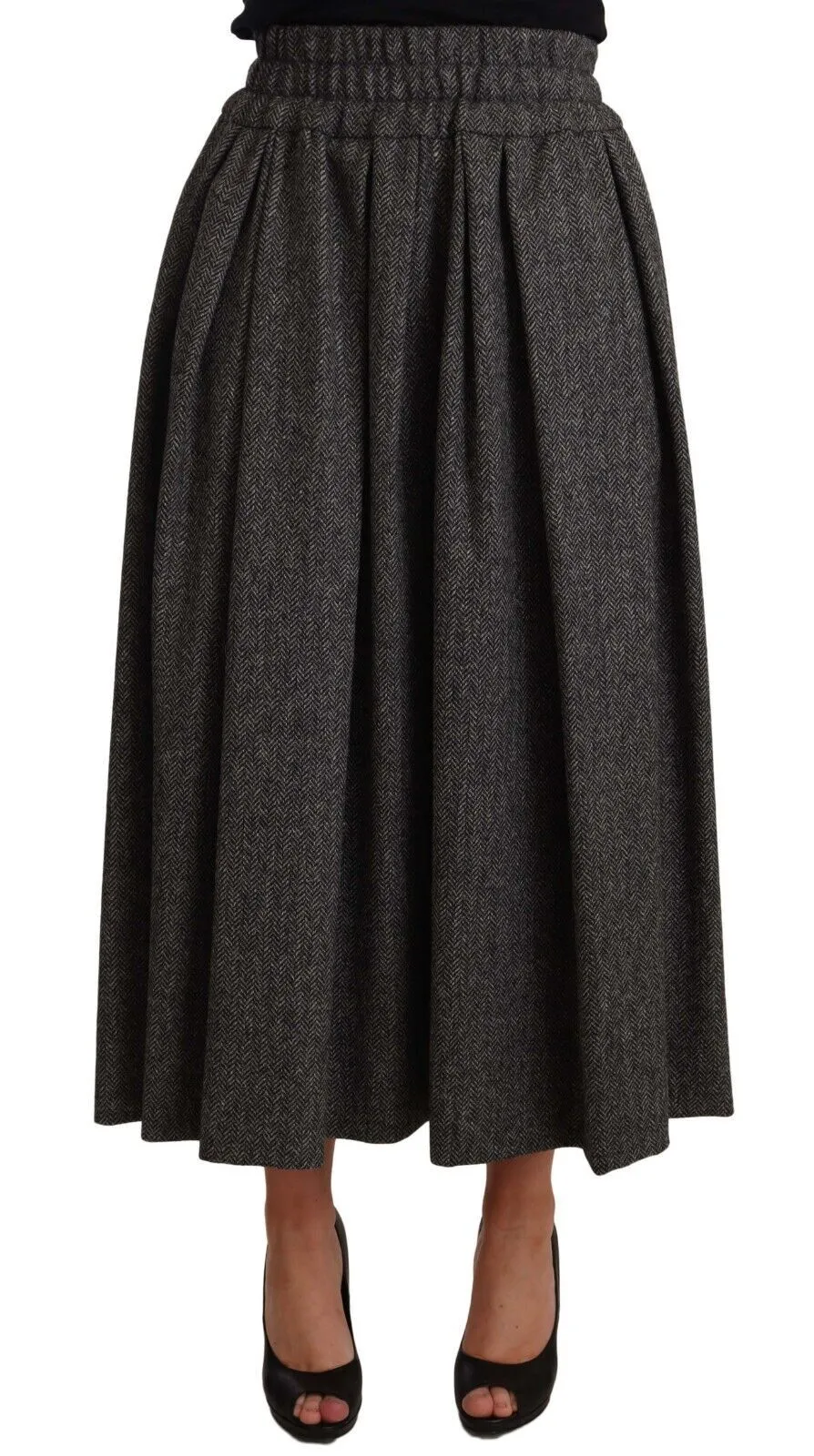 Dolce & Gabbana Women's Elegant A-Line Midi Wool Skirt in Gray Zigzag