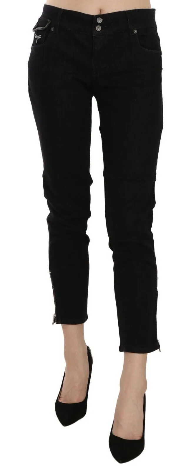 John Galliano Women's Chic Black Mid Waist Slim Cropped Jeans