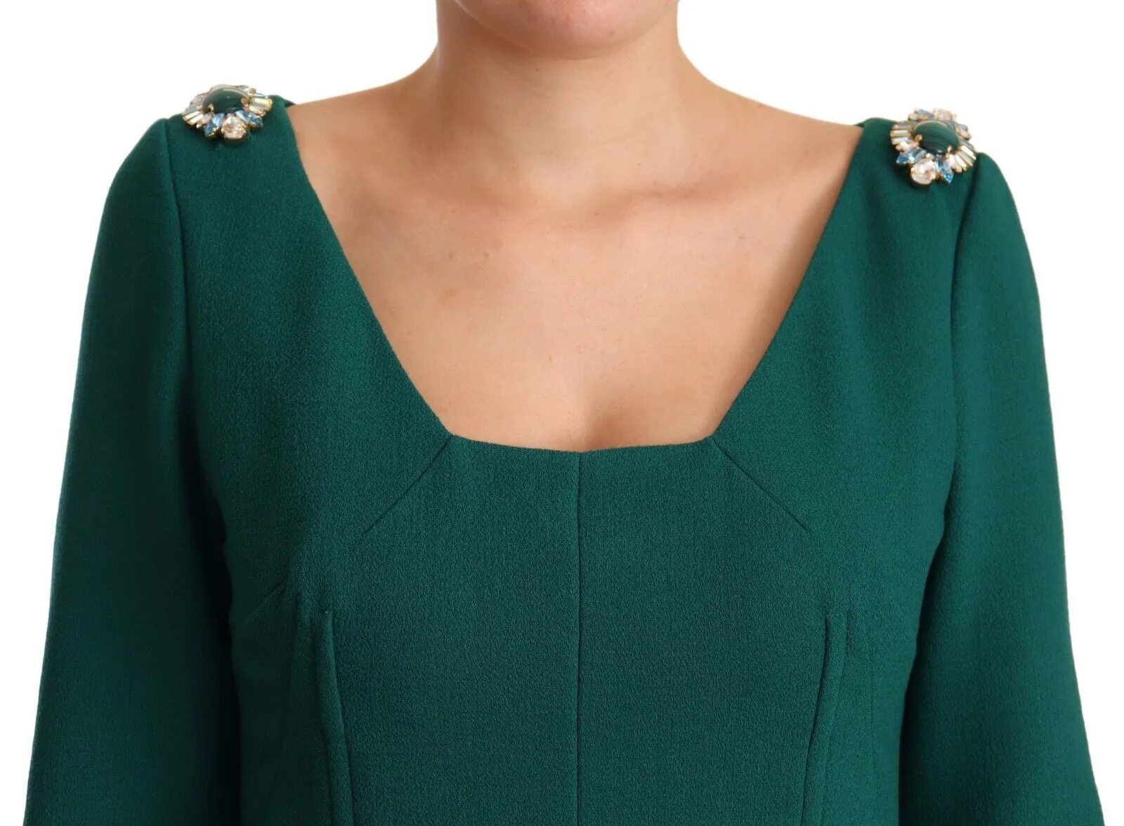 Dolce & Gabbana Women's Emerald Green Midi Sheath Dress with Crystal Brooch
