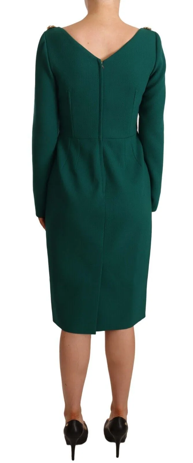 Dolce & Gabbana Women's Emerald Green Midi Sheath Dress with Crystal Brooch