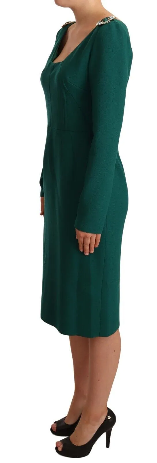 Dolce & Gabbana Women's Emerald Green Midi Sheath Dress with Crystal Brooch