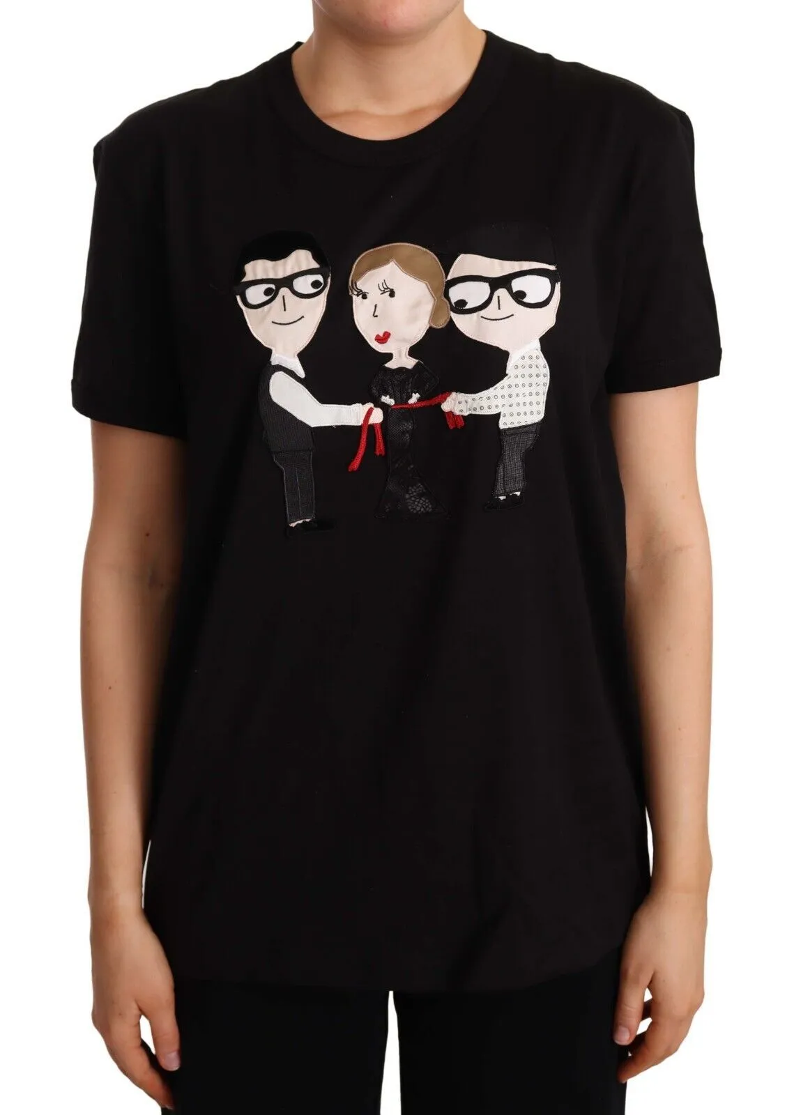 Dolce & Gabbana Women's Chic Black Cotton Crewneck Tee with Ribbed Trim