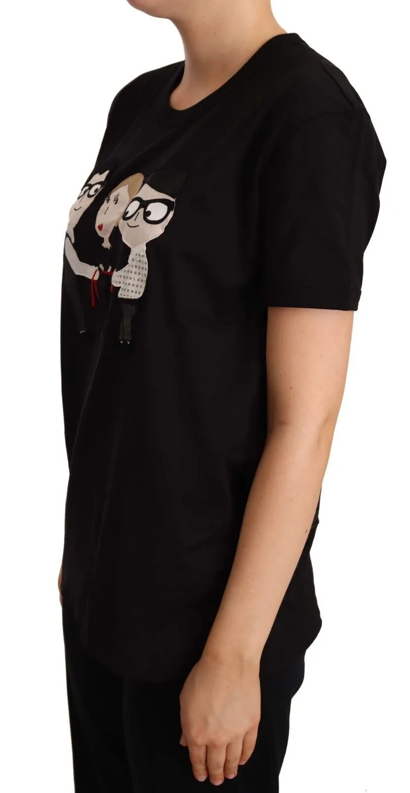 Dolce & Gabbana Women's Chic Black Cotton Crewneck Tee with Ribbed Trim