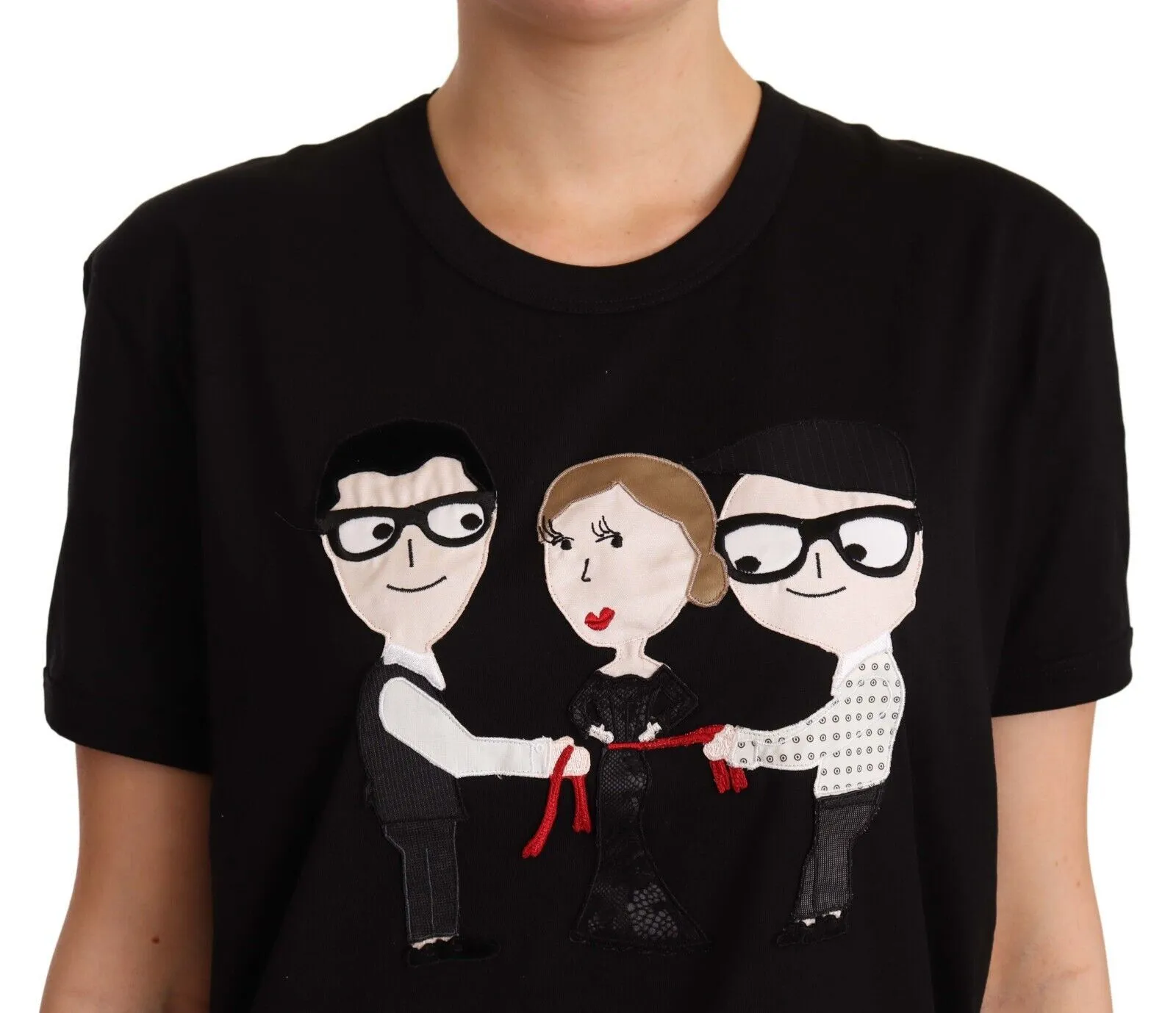 Dolce & Gabbana Women's Chic Black Cotton Crewneck Tee with Ribbed Trim