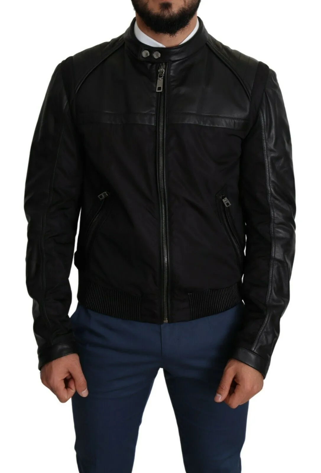 Dolce & Gabbana Men's Elegant Black Bomber with Leather Accents