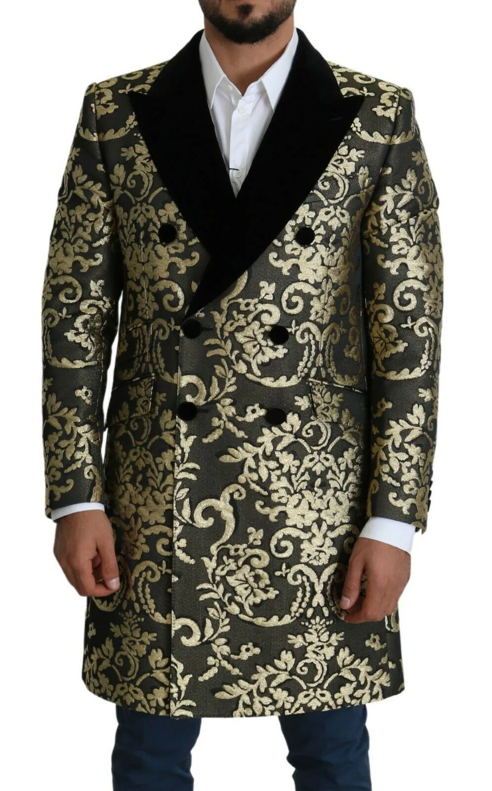 Dolce & Gabbana Men's Gold Black Sicilia Jacquard Double-Breasted Coat