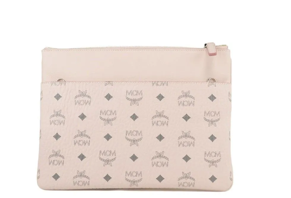 MCM Women's Portuna Medium Visetos Powder Pink Coated Canvas Flat Pouch Crossbody Bag