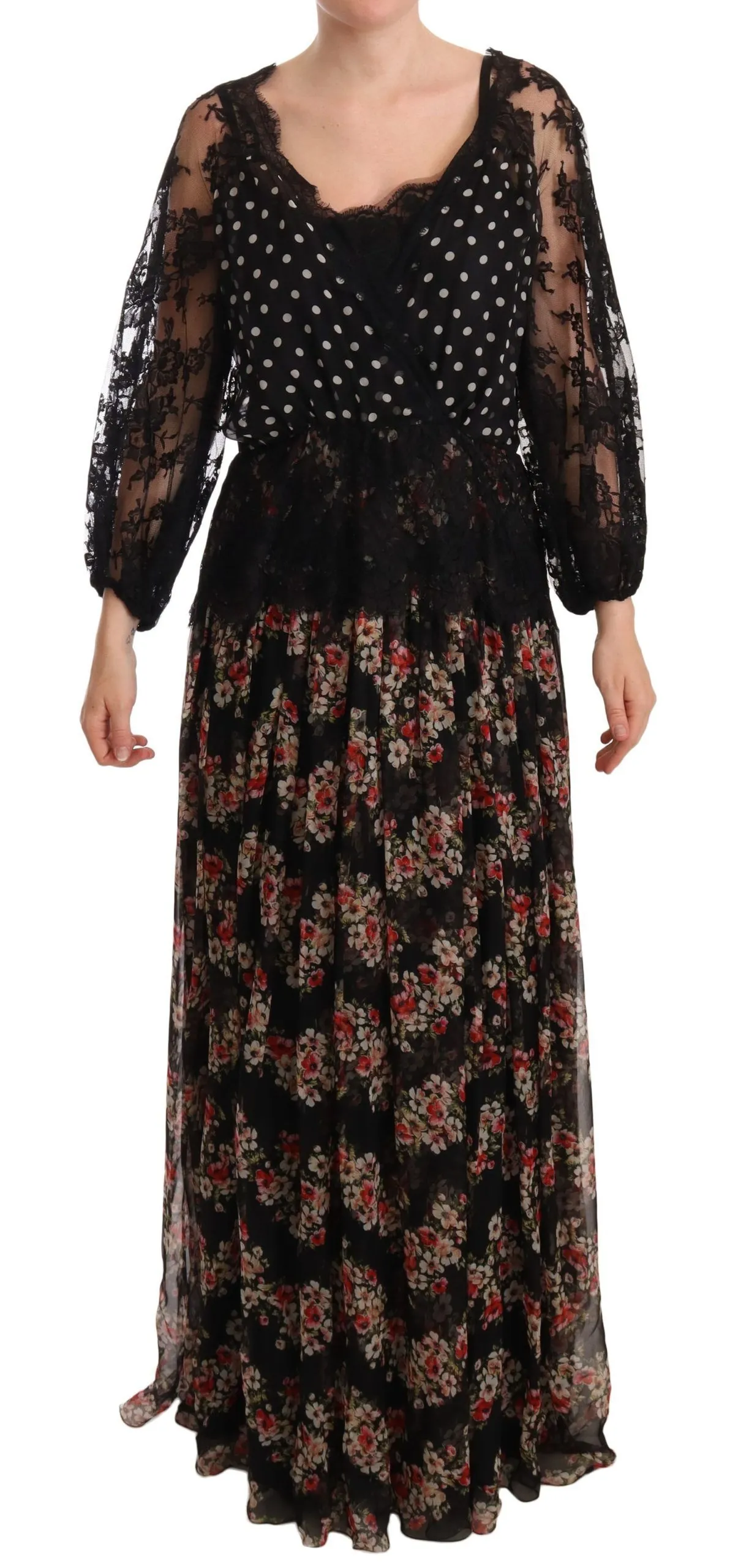 Dolce & Gabbana Women's Elegant Lace Floral Maxi Dress with Polka Dots