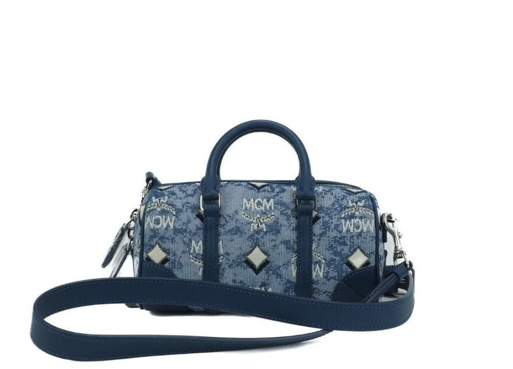 MCM Women's Boston Mini Blue Vintage Jacquard Logo Fabric Satchel Crossbody Handbag