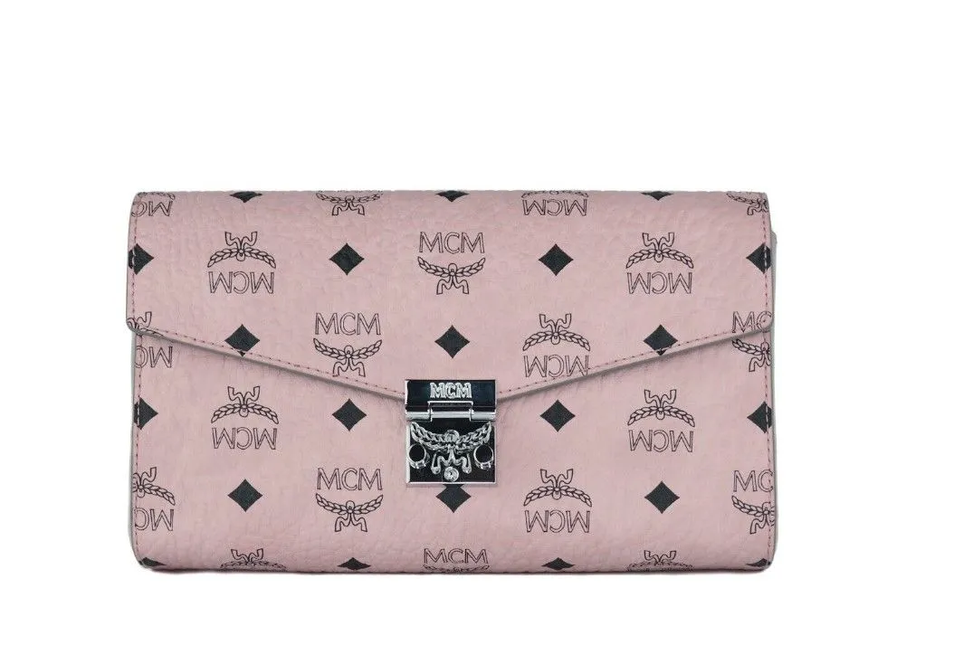 MCM Women's Medium Soft Pink Signature Diamond Logo Leather Clutch Crossbody Handbag