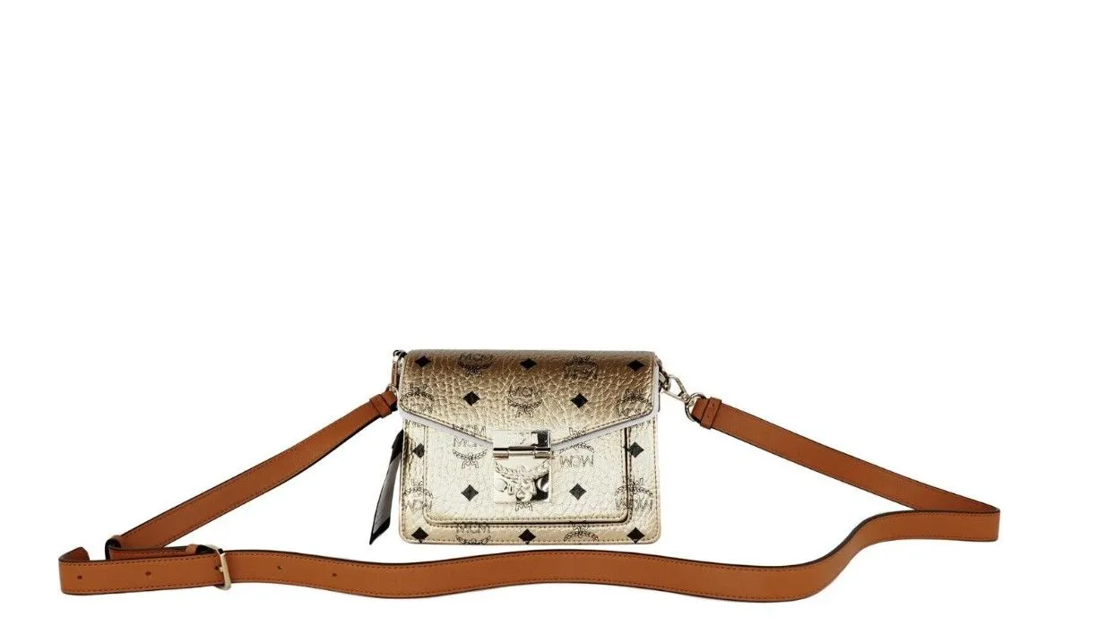 MCM Women's Signature Berlin Gold Diamond Logo Leather Mini Flap Lock Crossbody Handbag