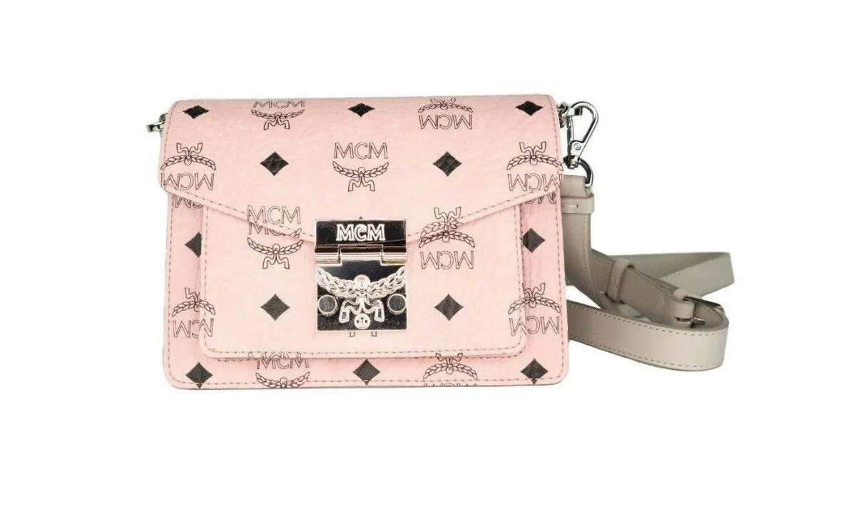 MCM Women's Signature Soft Pink Diamond Logo Leather Mini Flap Lock Crossbody Handbag
