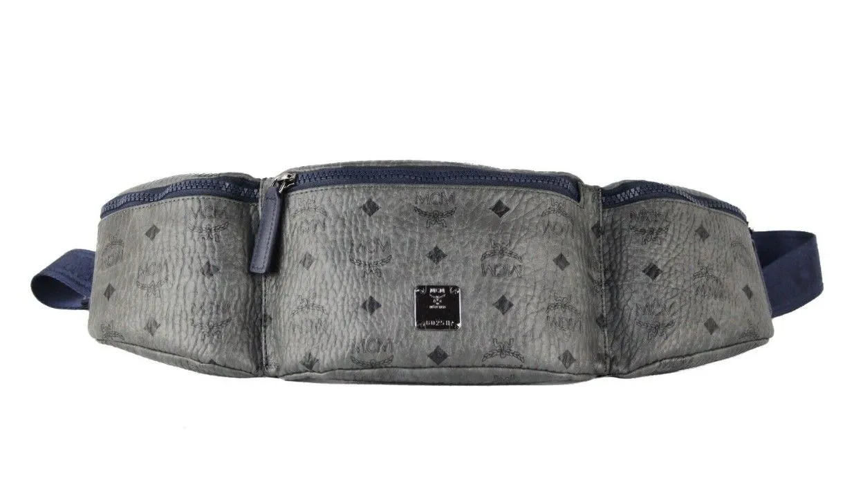 MCM Women's Large Visetos Phantom Grey Triple Pocket Sling Belt Bag