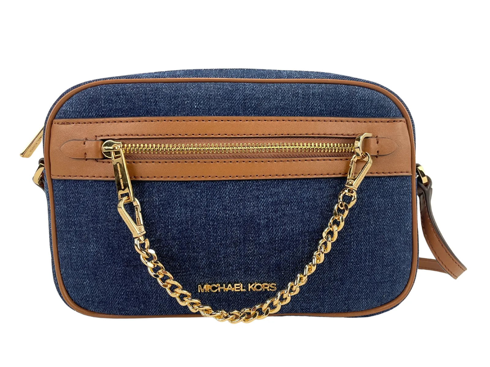 Michael Kors Women's Jet Set Large East West Indigo Denim Zip Chain Crossbody Bag Purse