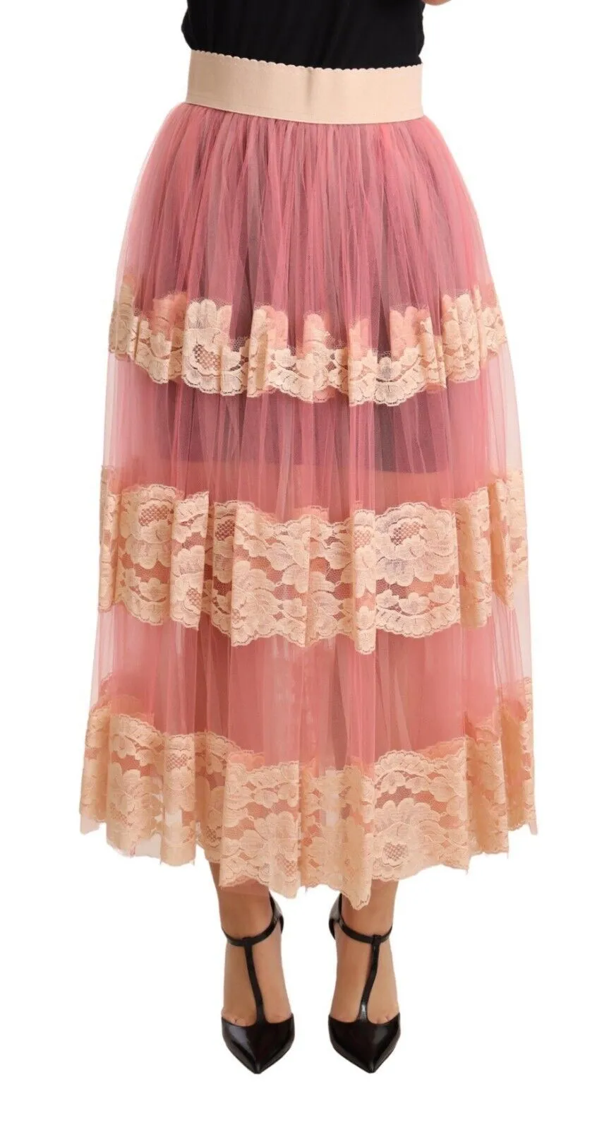 Dolce & Gabbana Women's Elegant Pink High Waist Lace Midi Skirt