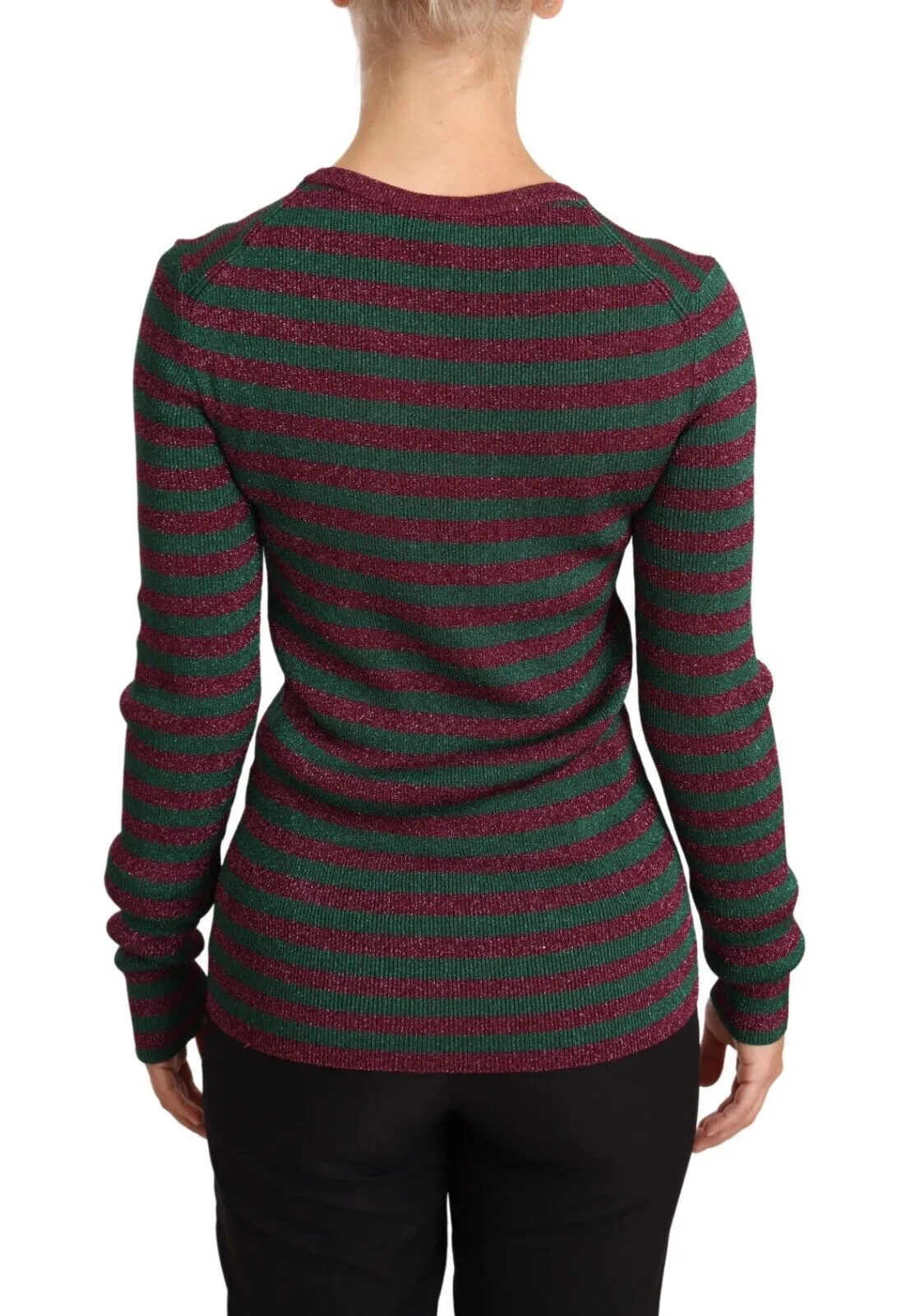 Dolce & Gabbana Women's Elegant Maroon and Green Striped Crewneck Sweater