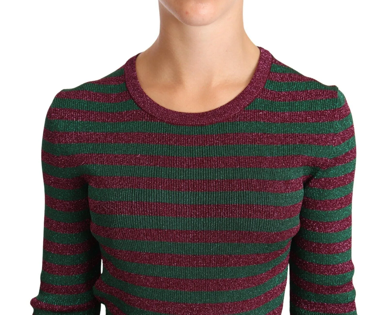 Dolce & Gabbana Women's Elegant Maroon and Green Striped Crewneck Sweater