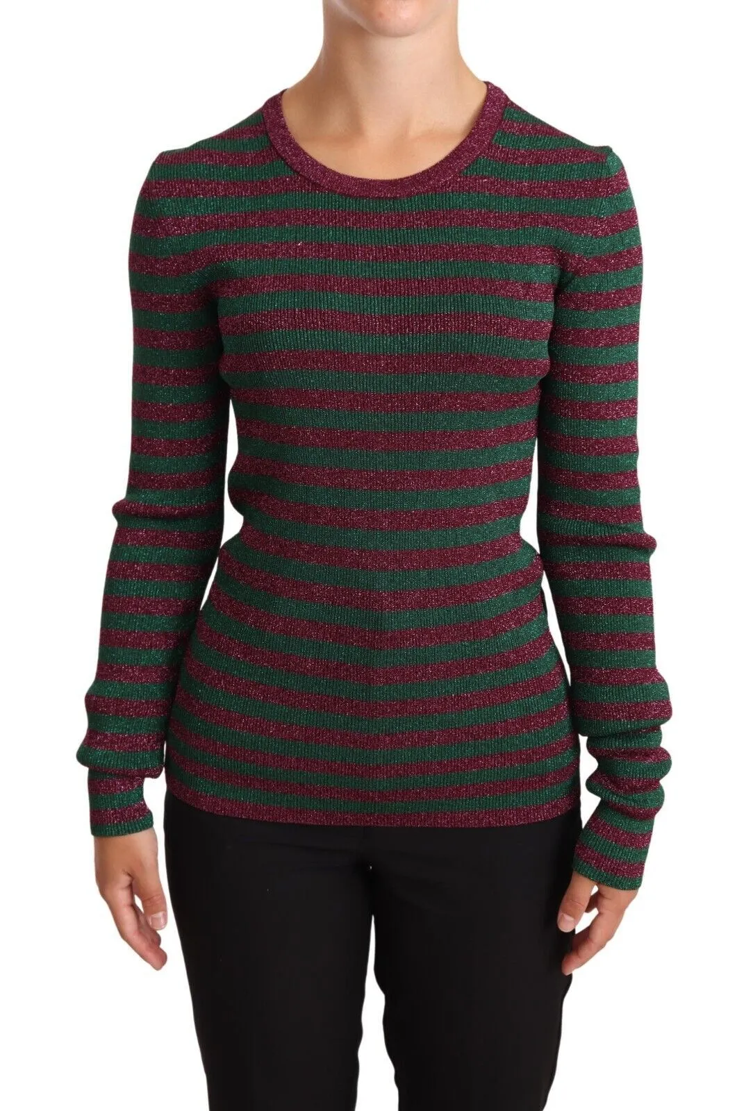 Dolce & Gabbana Women's Elegant Maroon and Green Striped Crewneck Sweater