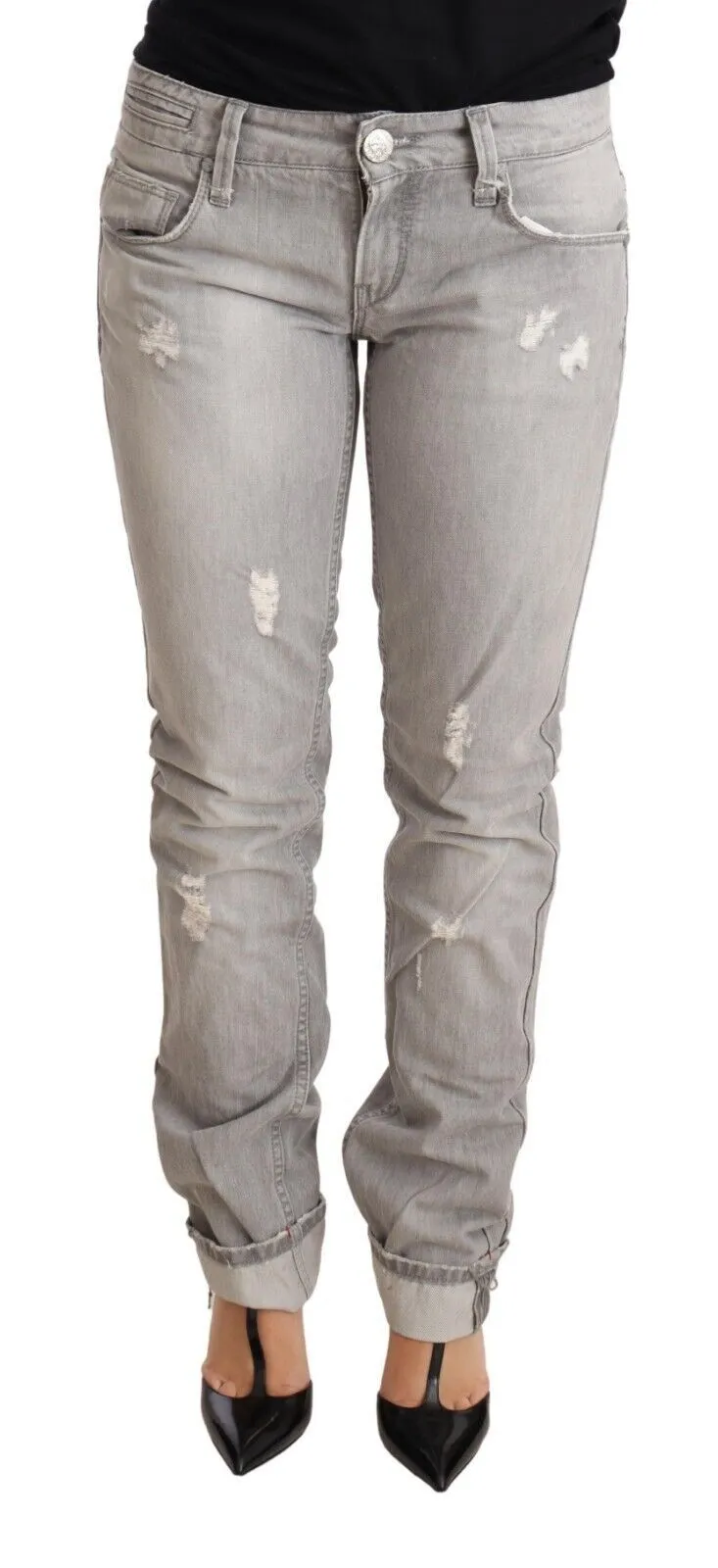 Acht Women's Chic Slim Fit Tattered Gray Wash Jeans