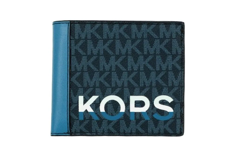 Michael Kors Women's Cooper Blue Multi Signature Leather Graphic Logo Billfold Wallet