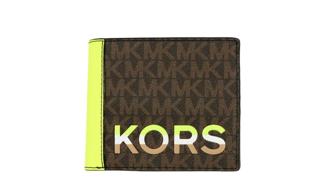 Michael Kors Women's Cooper Brown Neon Signature Leather Graphic Logo Billfold Wallet