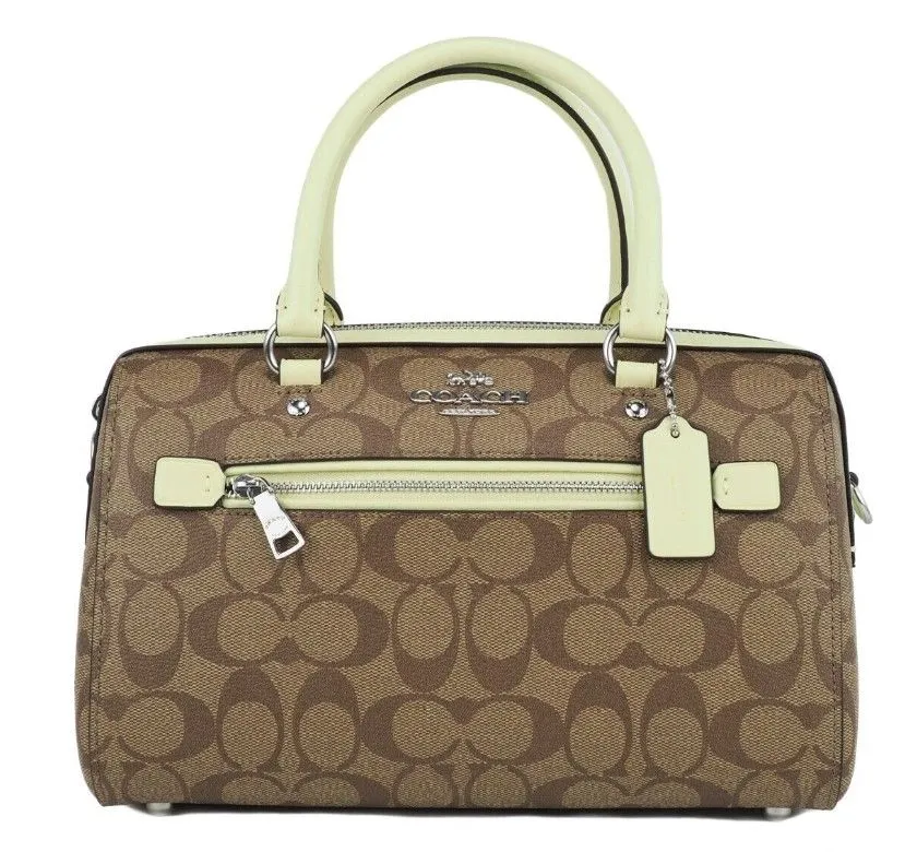 COACH Women's Rowan Khaki Pale Lime Signature Medium Satchel Crossbody Handbag