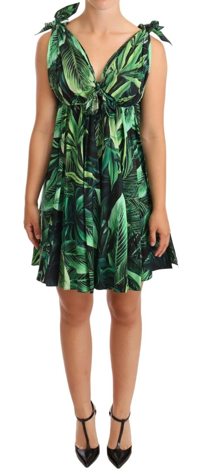 Dolce & Gabbana Women's Elegant Flared Mini A-Line Dress in Green Leaf Print