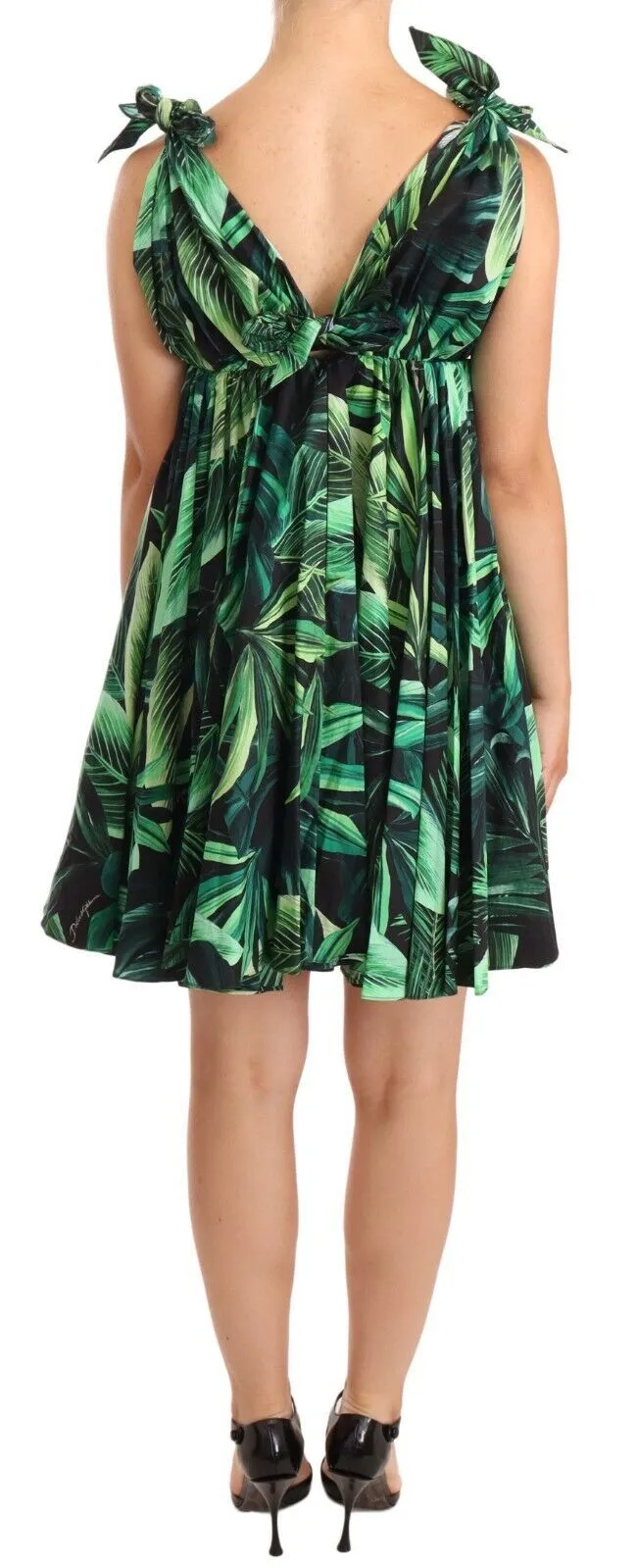 Dolce & Gabbana Women's Elegant Flared Mini A-Line Dress in Green Leaf Print