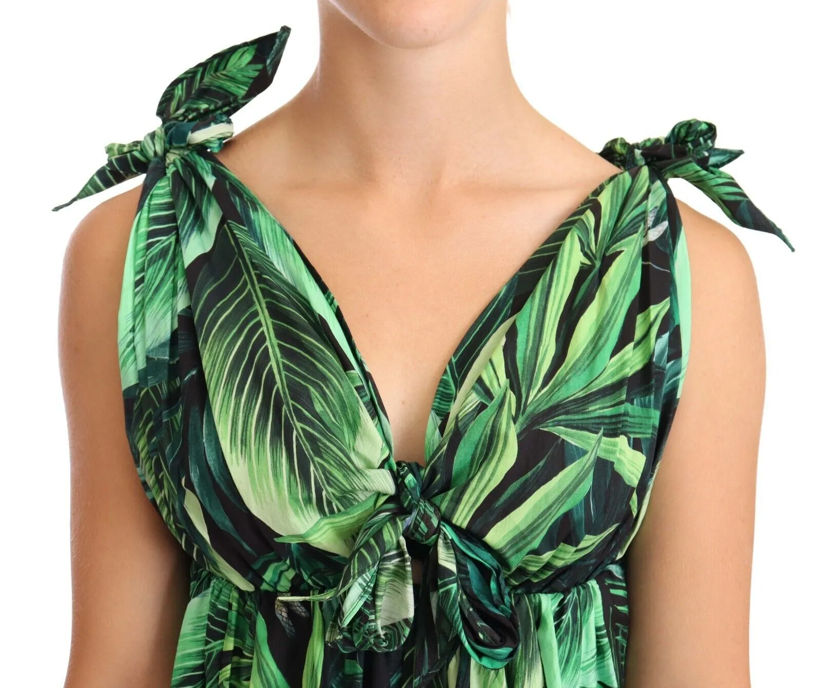 Dolce & Gabbana Women's Elegant Flared Mini A-Line Dress in Green Leaf Print