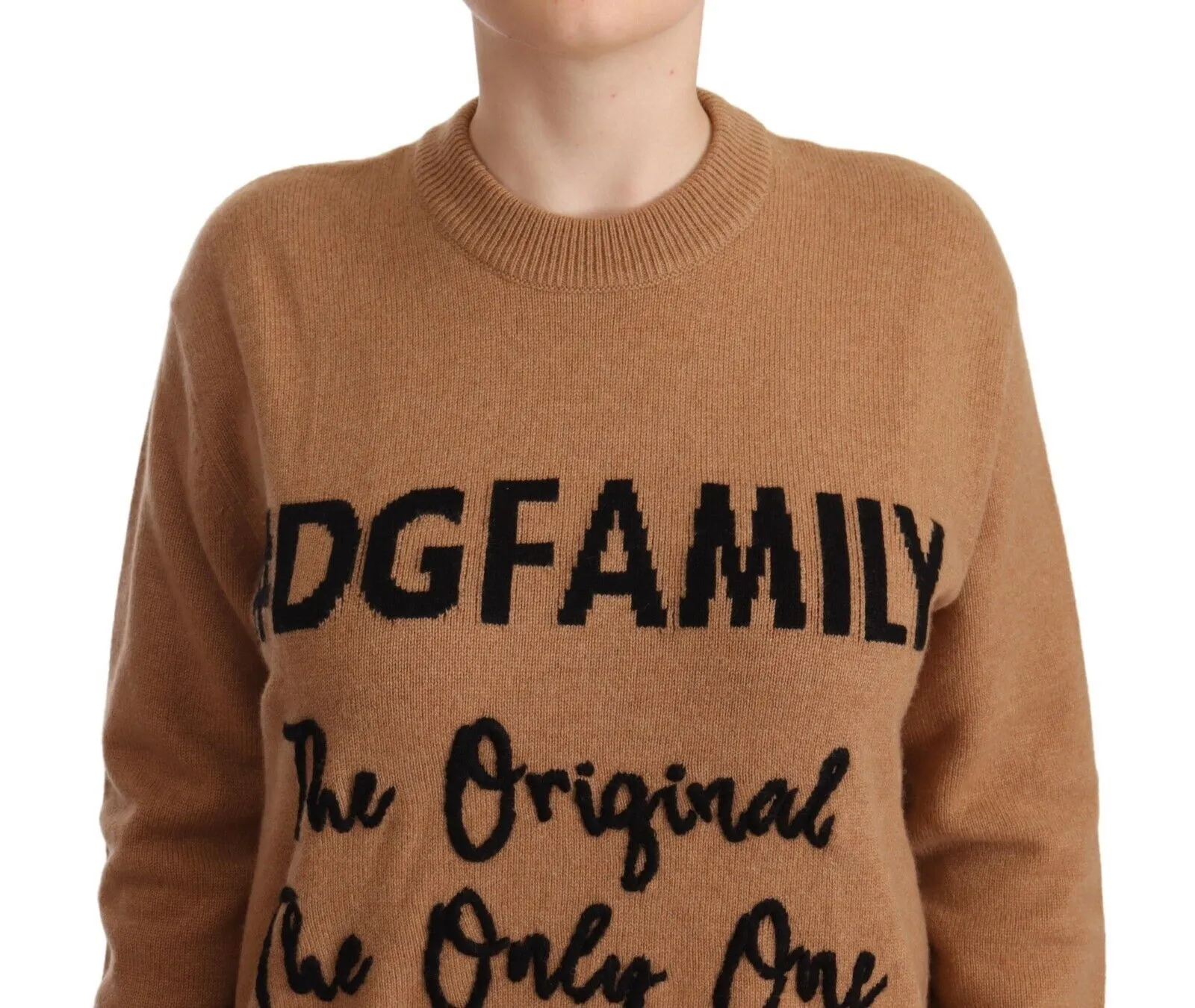 Dolce & Gabbana Women's Chic Beige Cashmere Crewneck Sweater with #dgfamily Motive