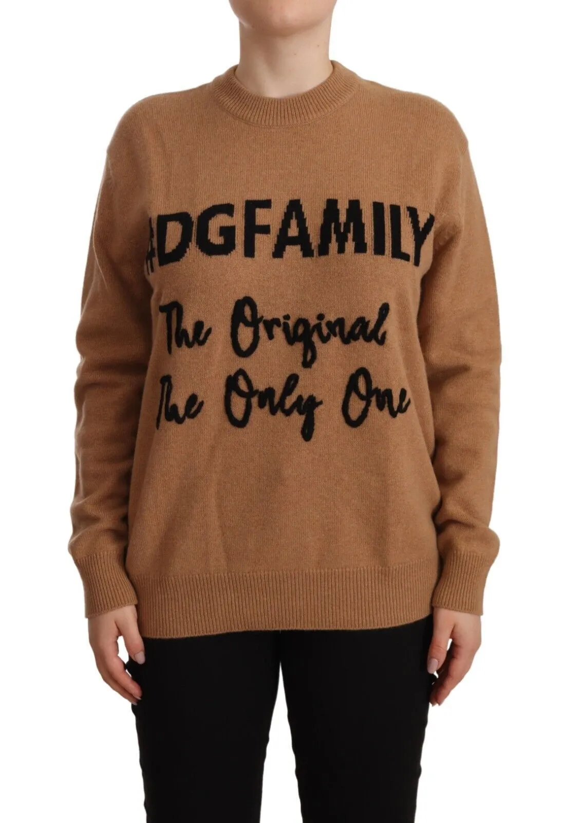 Dolce & Gabbana Women's Chic Beige Cashmere Crewneck Sweater with #dgfamily Motive