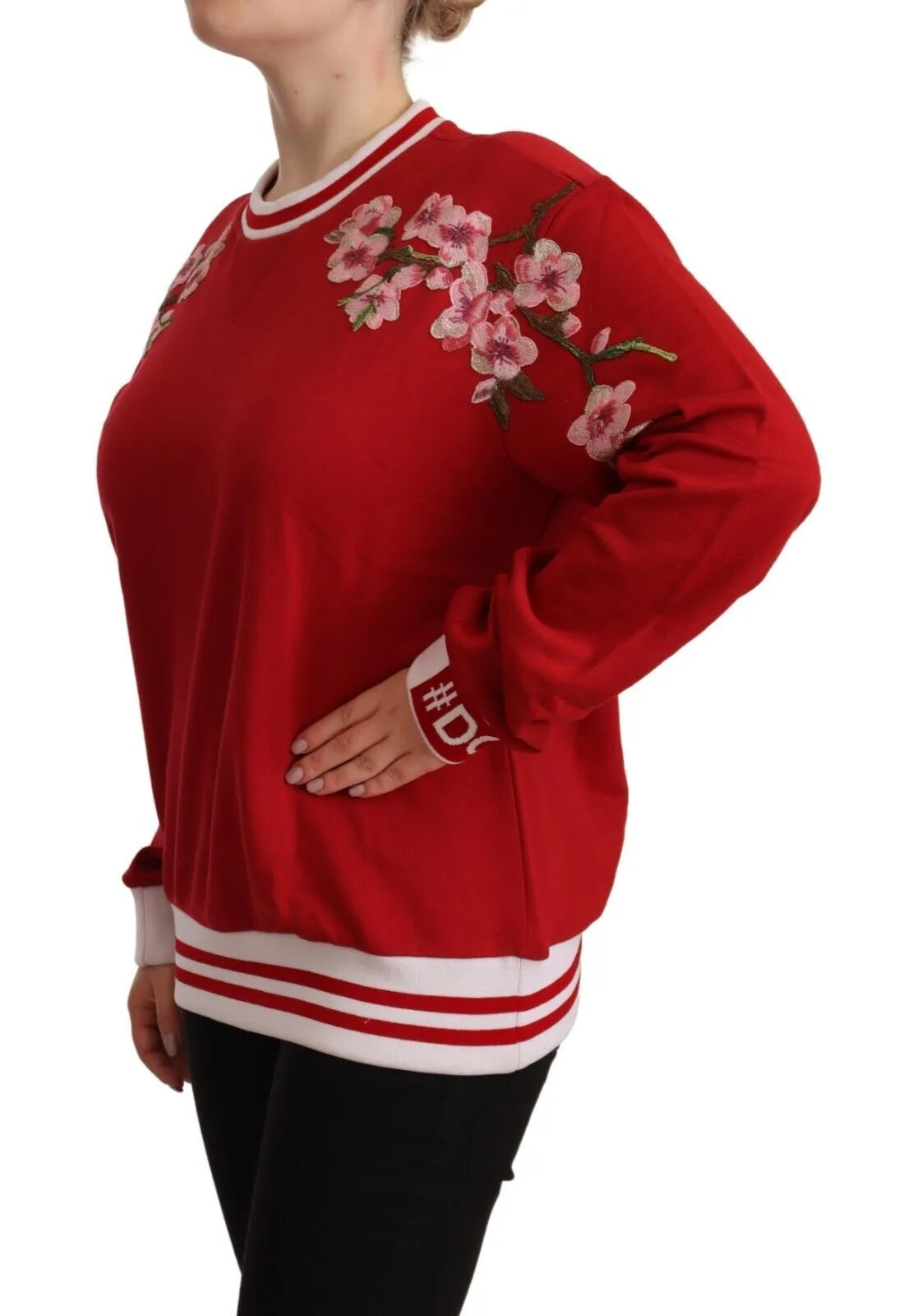 Dolce & Gabbana Women's Elegant Red Crewneck Pullover with Floral Motif