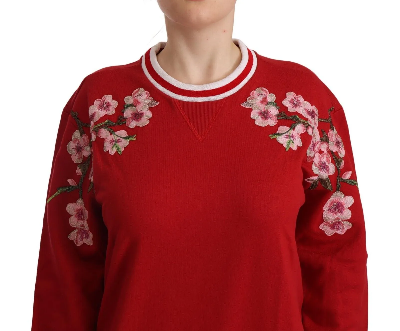 Dolce & Gabbana Women's Elegant Red Crewneck Pullover with Floral Motif