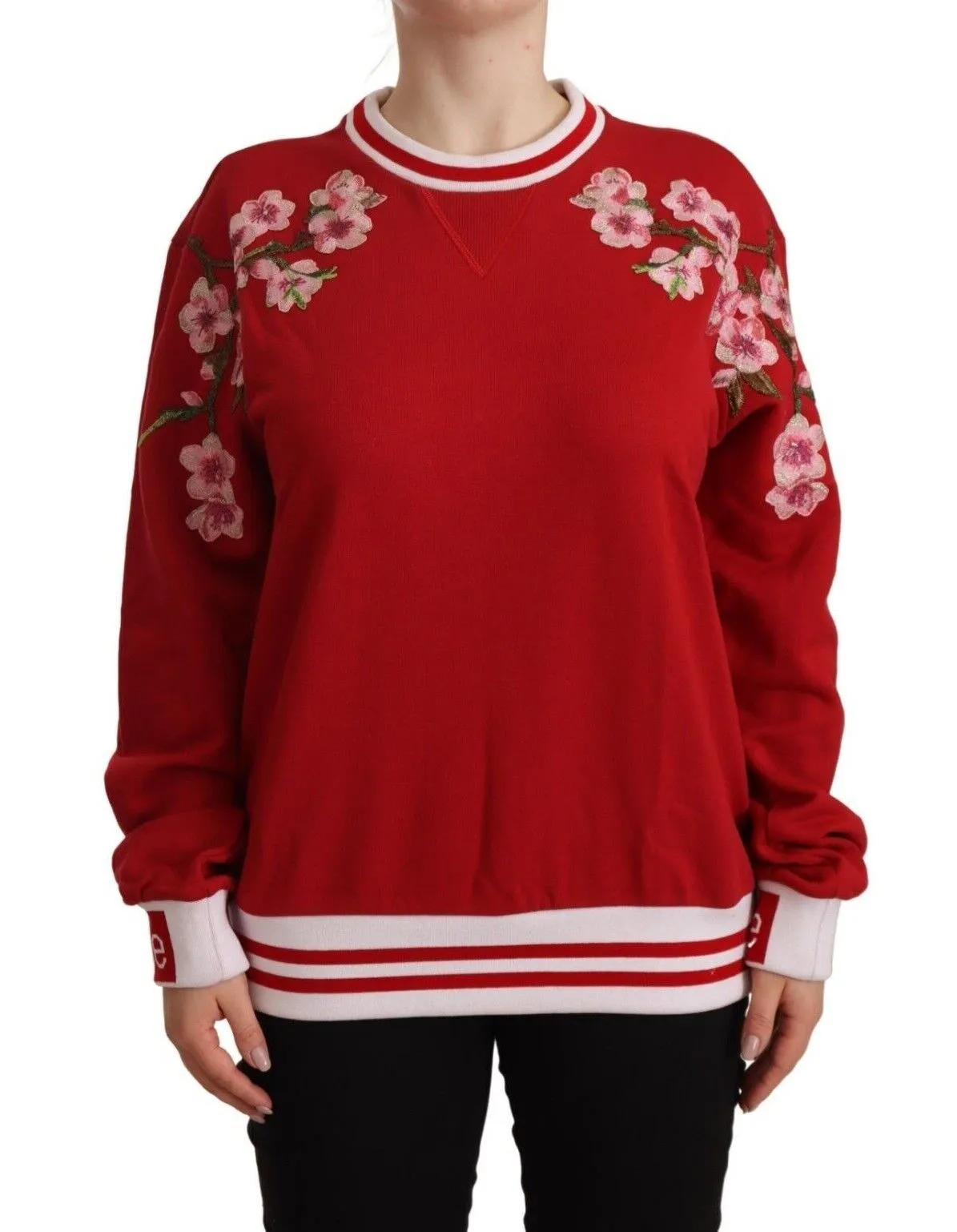 Dolce & Gabbana Women's Elegant Red Crewneck Pullover with Floral Motif